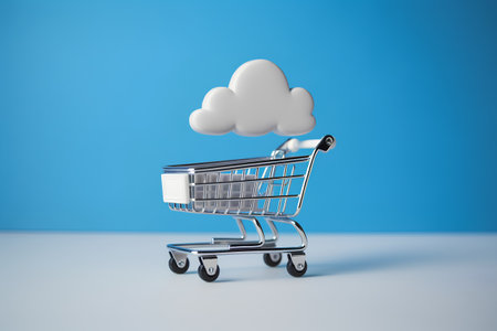 Shopping cart with cloud on blue background. 3D illustration.の素材