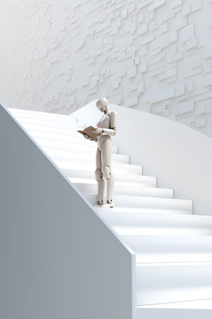 3d rendering of a wooden man standing on the stairs and holding a bookの素材