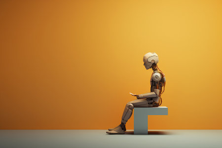 3d rendering of a female robot sitting on a letter t.の素材