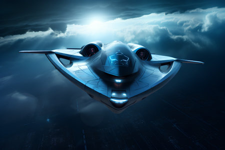 Futuristic spaceship flying in the sky. 3d illustration.の素材