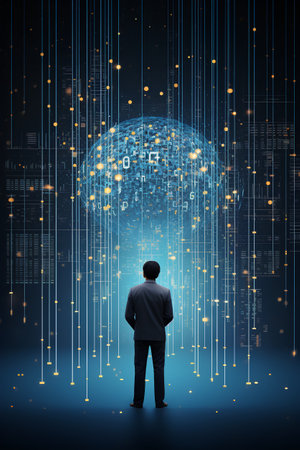 Businessman standing and looking at global network connection on dark background. Global business conceptの素材