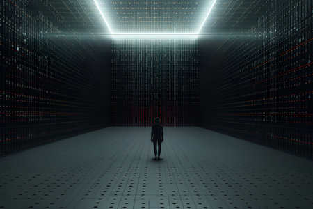 Man in front of a wall with binary code. 3d renderingの素材