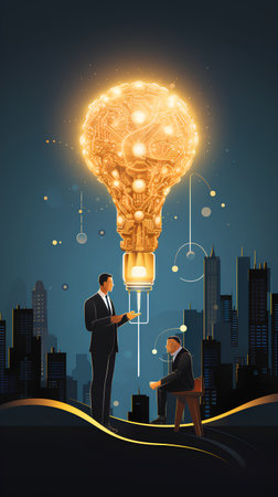 Businessman and businessman with big light bulb. Business success concept. Vector illustrationの素材