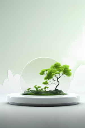 3d render, abstract background with green bonsai tree in glass domeの素材