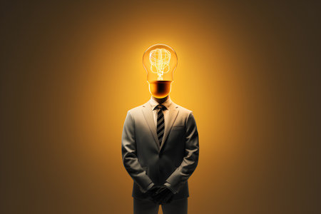 Businessman with glowing light bulb instead of head. Idea concept.の素材