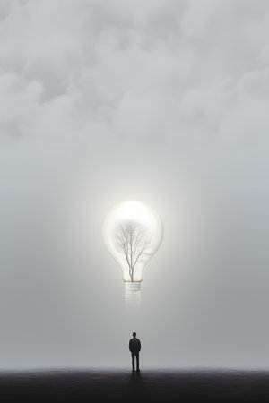 Silhouette of a man looking at a light bulb with a tree insideの素材