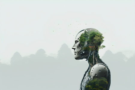 3d rendering of a female robot on a foggy forest backgroundの素材