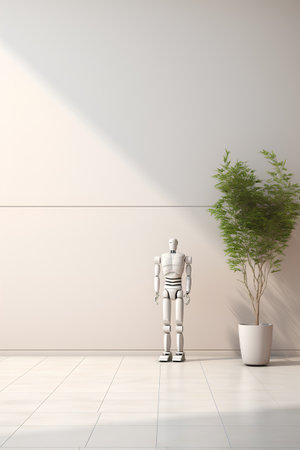 3d render of a robot standing in a room with a plantの素材