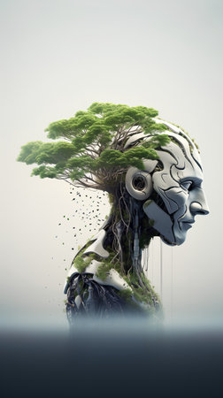 Cyborg head and tree. Artificial intelligence concept. 3D renderingの素材