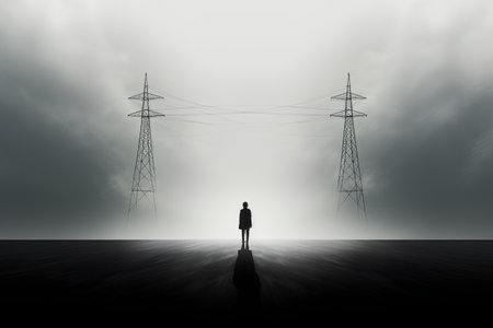 silhouette of a woman standing in front of high voltage linesの素材