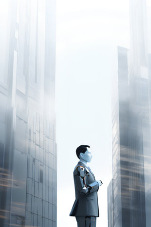 Businessman standing in front of a modern city. 3d renderingの素材