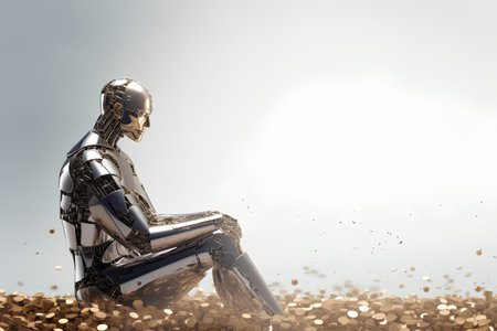 3d rendering of a female robot sitting on a pile of golden coinsの素材