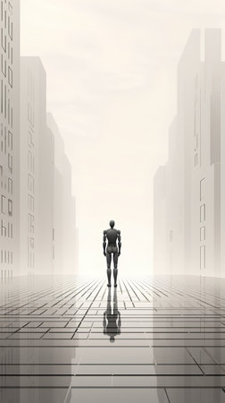 3d rendering of a man standing in front of skyscrapersの素材