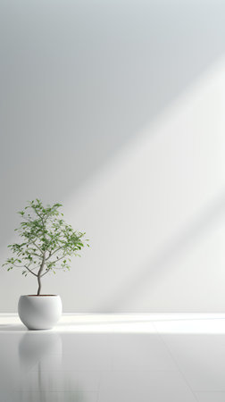 3d render of a green plant in a pot on a white wall backgroundの素材