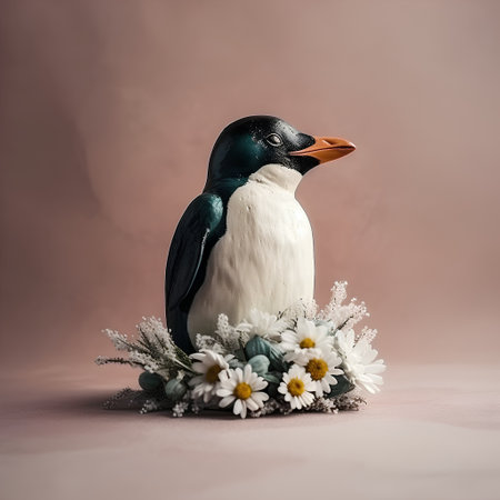 Penguin with daisy bouquet on a beige backgroundの素材