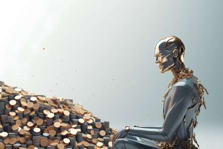 3d rendering of a female robot sitting on a pile of coinsの素材