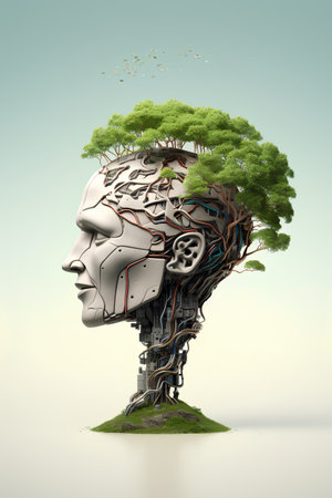 Artificial intelligence concept with human head and tree. 3D renderingの素材