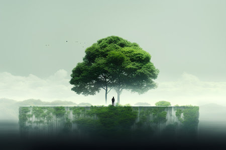 Man standing on the edge of a cliff with a tree in the backgroundの素材