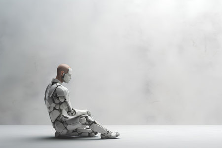 Robot sitting on the floor and thinking. 3D rendering.の素材