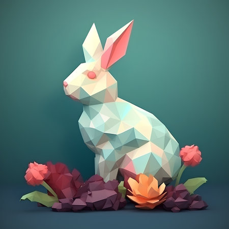 Low poly easter bunny with flowers and leaves on a green backgroundの素材