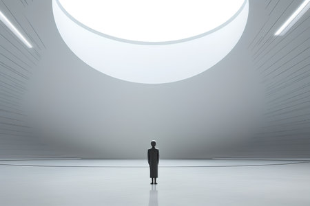 Businessman standing in empty room and looking at the light from the ceilingの素材