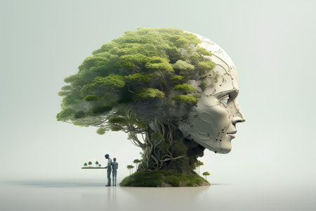 Conceptual image of human head and tree. 3d renderの素材
