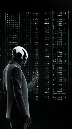 3D rendering of a businessman wearing a helmet and looking at a stock exchangeの素材