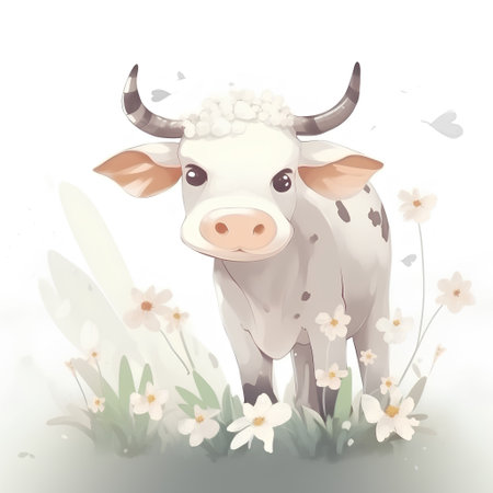Cute cow in the meadow with flowers. Vector illustration.の素材