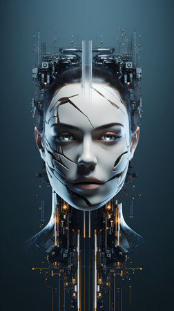 3D rendering of a female cyborg face with circuit board backgroundの素材