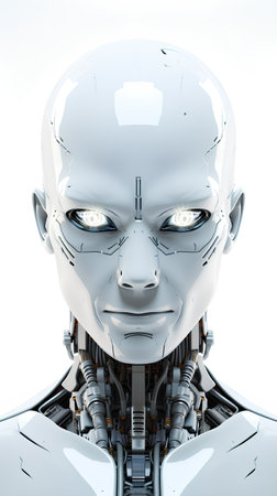3d rendering of a female robot with broken glass on white backgroundの素材