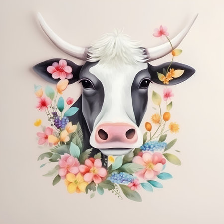 Cow head with flowers and leaves on pastel background. Vector illustration.の素材