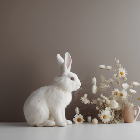 White rabbit with flowers on a gray background. Easter concept. Copy space.の素材