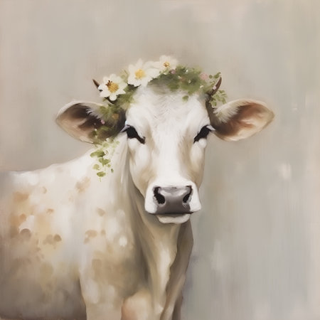 Cow with a wreath of flowers on her head. Digital painting.の素材