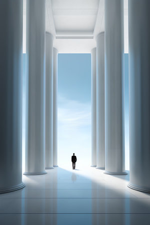 Silhouette of a man standing in a corridor with columns and sky backgroundの素材