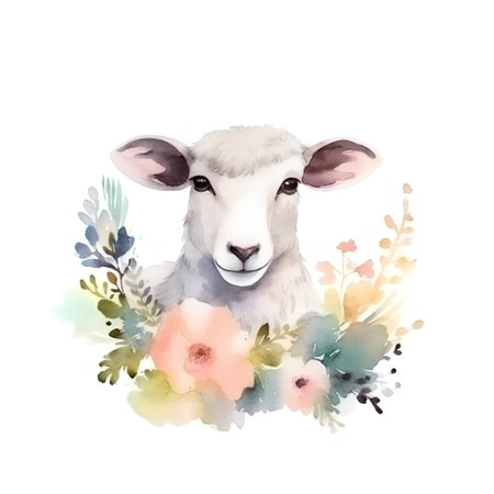 Watercolor sheep with flowers. Hand painted illustration isolated on white backgroundの素材