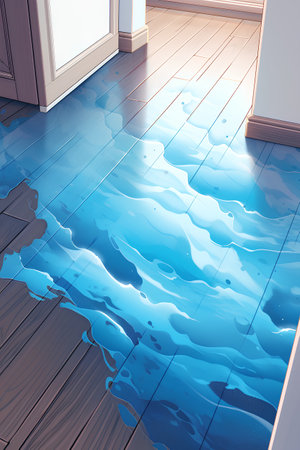 3D rendering of a swimming pool with blue water and wooden floorの素材