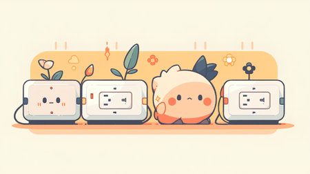 Vector illustration of a power socket in cartoon flat style with cute characters.の素材