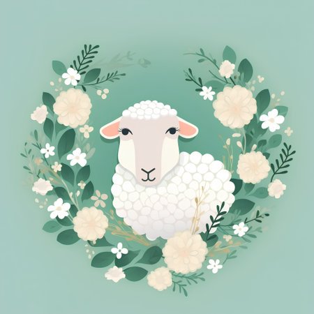 Cute sheep in a wreath of flowers. Vector illustration.の素材