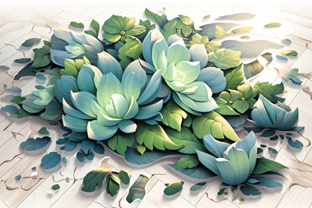 Illustration of succulents on a wooden background. 3d renderingの素材