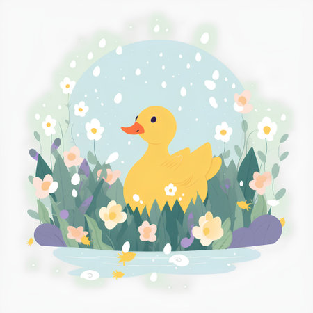 Cute cartoon vector illustration of yellow duckling in the garden with flowers.の素材