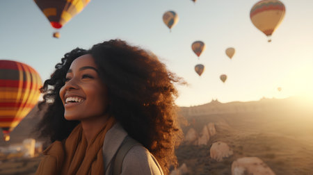 Cheerful african american woman with curly hair enjoying hot air balloons in Cappadocia, Turkeyの素材