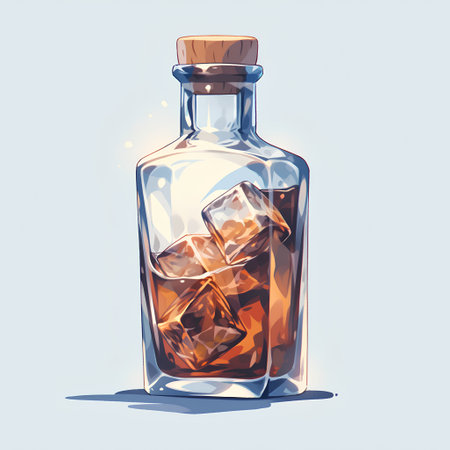 Glass bottle with whiskey and ice cubes on a light background. Vector illustration.の素材