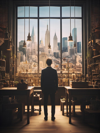 Businessman looking at the New York City skyline through a window.の素材