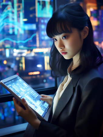 Young businesswoman using tablet computer in night city. 3d renderingの素材