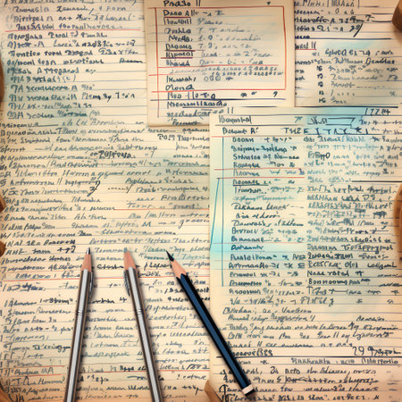 Old handwritten text and pencils on a blue background, close-upの素材