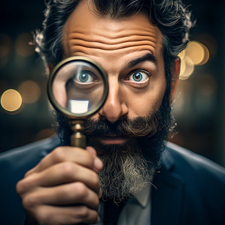 Close up portrait of a bearded man looking through a magnifying glassの素材