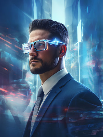 Portrait of a handsome young man in a business suit and eyeglasses standing against a futuristic cityscape.の素材