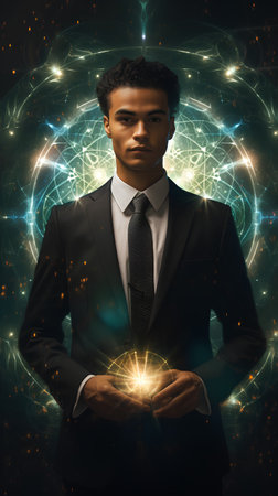 Handsome young african american man in suit and tie holding magic glowing planet.の素材