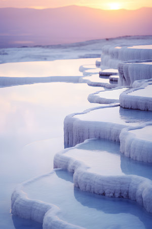 White travertine pools and terraces in Pamukkale, Turkeyの素材