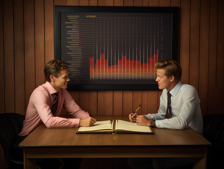 Two young men sitting at a table in front of a monitor with a stock market chartの素材